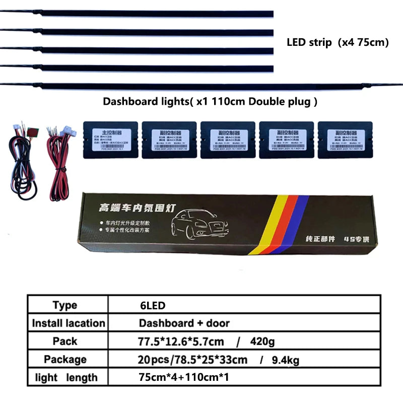 18 In 1 LED Car Ambient Lights Interior LED Acrylic Strip Light RGB 64 Color Light Guide Fiber Optic Decoration Atmosphere Lamp