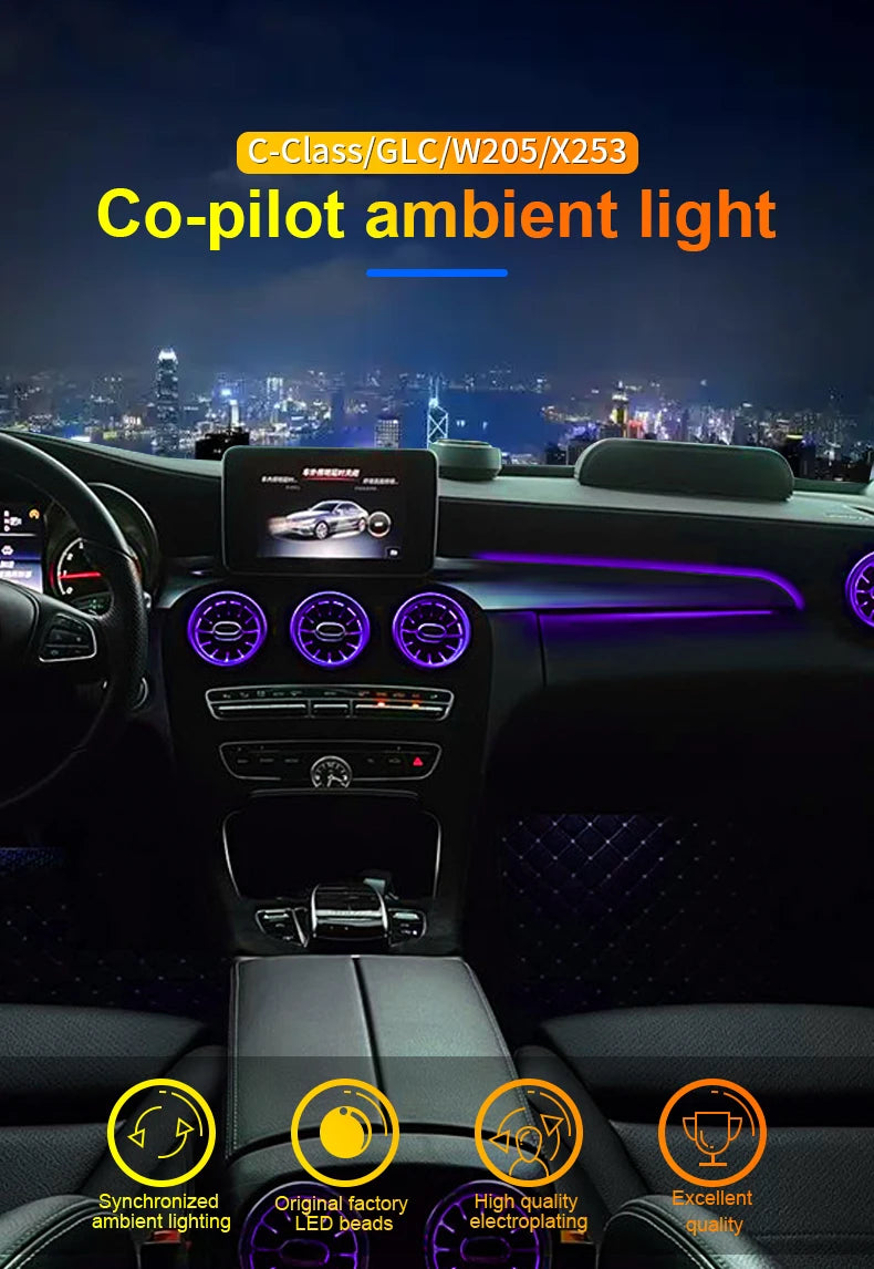 3/64 Color For Mercedes-Benz C/GLC class W205 X253 LHD Co-pilot Led Neon Ambient Light Passenger Atmosphere Lamp Dashboard 15-21