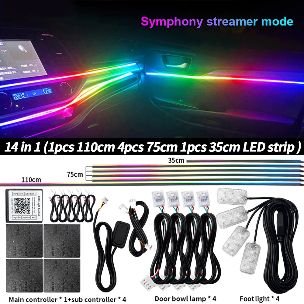 6/10/14/18/22 in 1 LED Symphony Ambient Light Car Interior Full Color Streamer RGB Neon Acrylic Strip Decoration Atmosphere Lamp