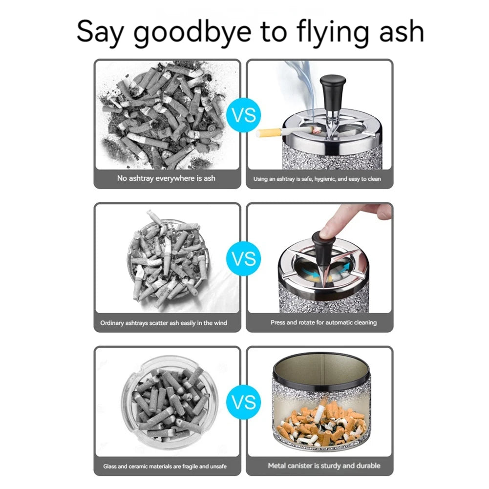 Push Down Ashtray Windproof Spinning Ashtray Metal Self-Cleaning Ashtray Desktop Ashtray for Home Office Car