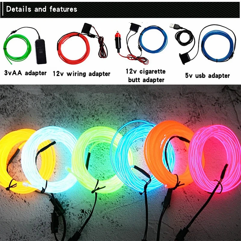 EL Wire String Strip Rope Tube Light Neon Light Glow Flat Edge Car Interior DIY Flexible Ambient Lamp Party Atmosphere Prop USB