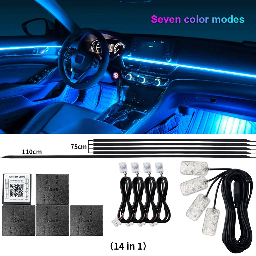 18/22 in 1 Acrylic Led Car Ambient Light RGB 213 64 Color Bluetooth Rainbow Strip Streamer Interior Symphony Atmosphere Lamp 12V
