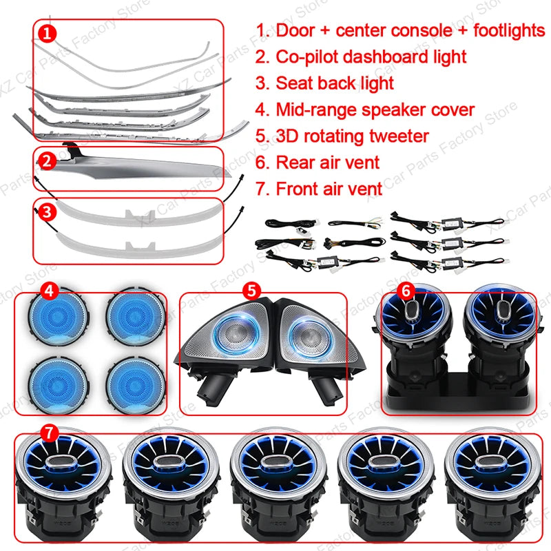 3/64 Colour Car LED Ambient Light for Mercedes-Benz C/GLC Class Coupe W205 C43 C63 X253 LED Door Speaker Cover Vents RetrofitSet