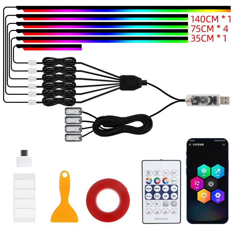 Car Led Ambient Light USB 68 Colors Acrylic Strips 110cm Full Colors RGB Car Interior Hidden App Remote Control Atmosphere Lamp