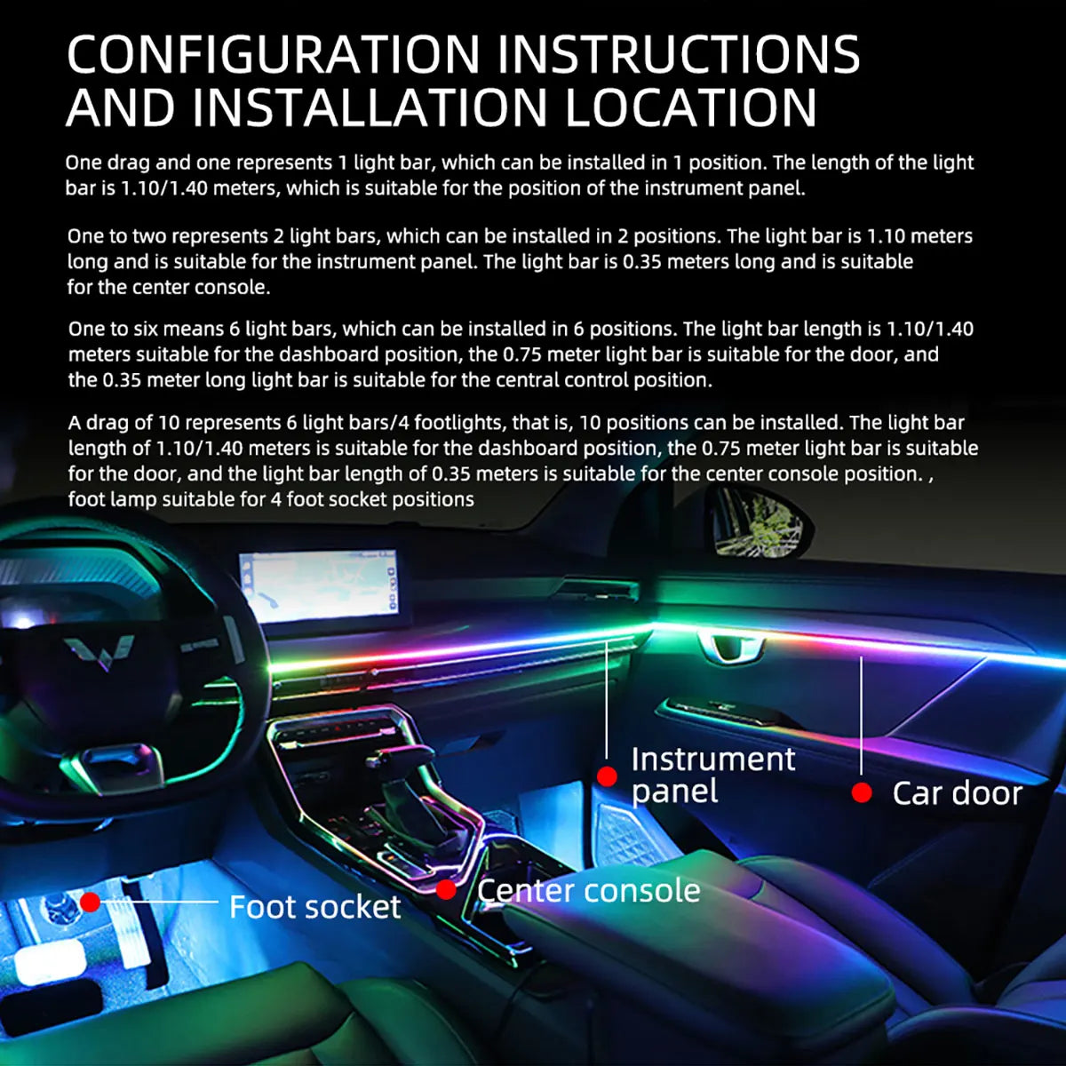 KEVANLY Car Ambient Lights 10 in 1 Footwell Universal RGB Atmosphere Lamps USB APP Remote Cigar Lighter for Tesla Model 3 Y S X