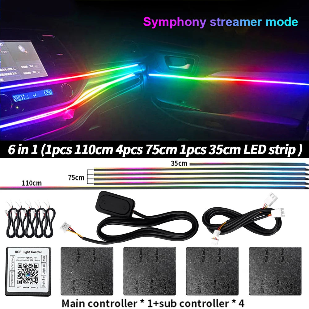6/10/14/18/22 in 1 LED Symphony Ambient Light Car Interior Full Color Streamer RGB Neon Acrylic Strip Decoration Atmosphere Lamp