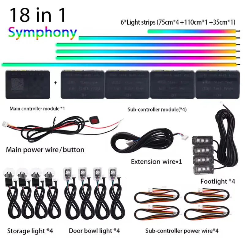 18/22 in 1 Car Hidden Ambient Light Neon Symphony RGB Rainbow Backlight Smoke Matt Black Acrylic Ambient Matt Lamp 12V Dual Zone
