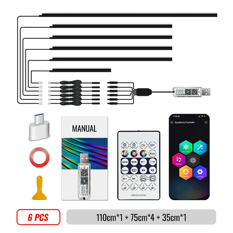 RGB Interior Car Lights – Wireless APP Control, 6-in-1 EL Wire Ambient Lighting Kit for Cars/Trucks (Multicolor, Waterproof)