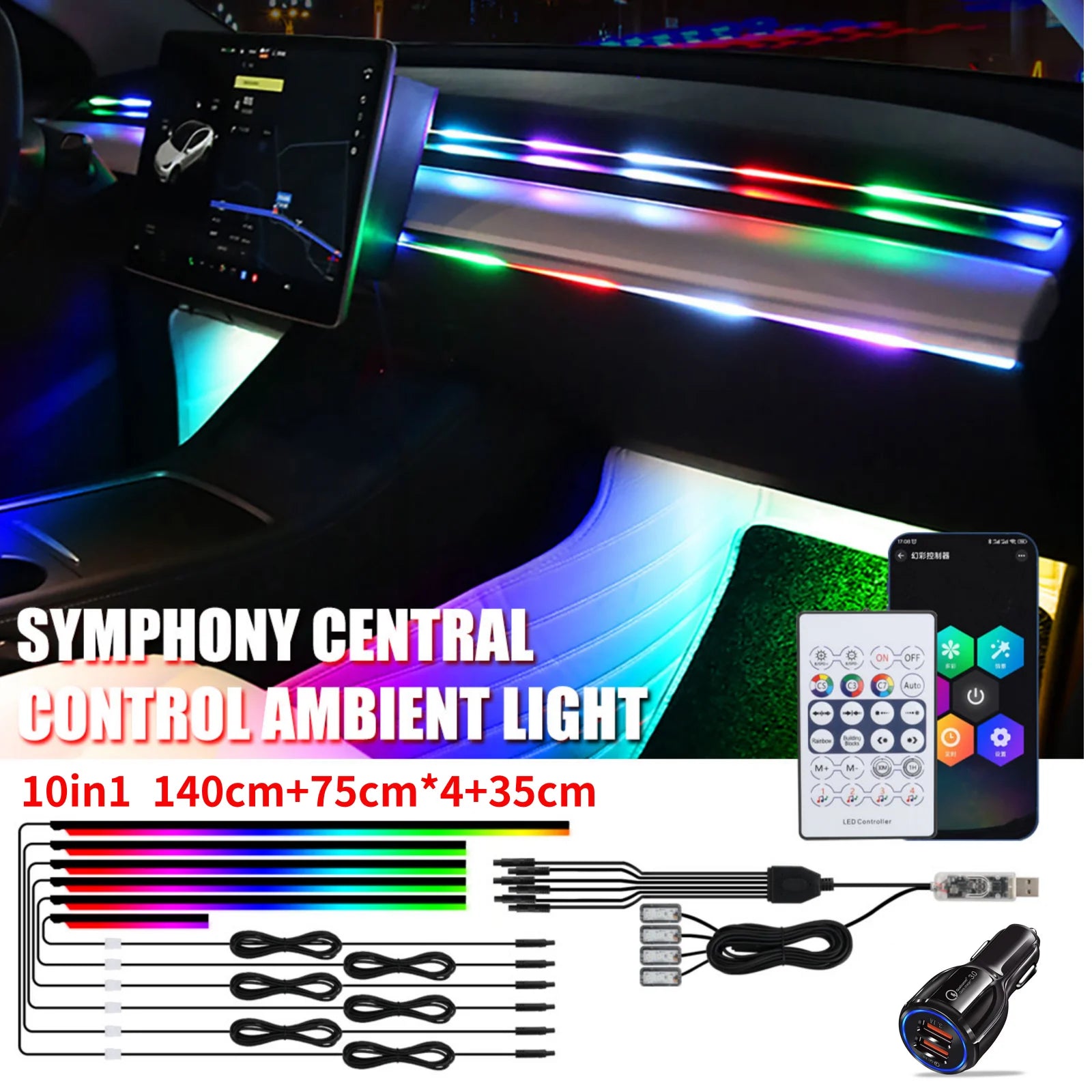 KEVANLY Car Ambient Lights 10 in 1 Footwell Universal RGB Atmosphere Lamps USB APP Remote Cigar Lighter for Tesla Model 3 Y S X
