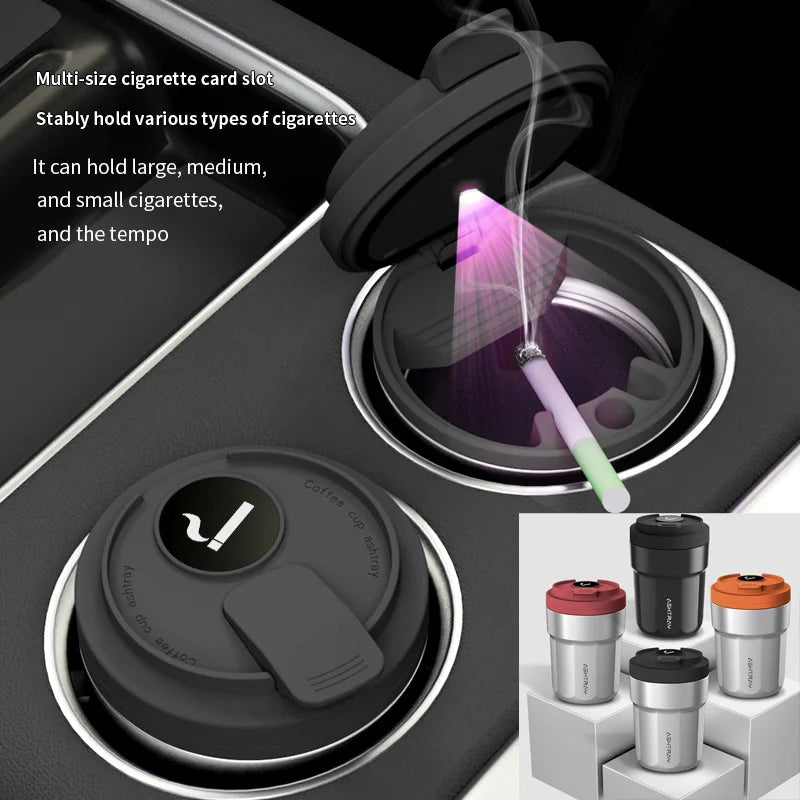 Car Ashtray Metal Lining & ABS Shell 7 Color LED Light One Click Opening Push Type Splash Proof Coffee Cup Style Car Ashtray