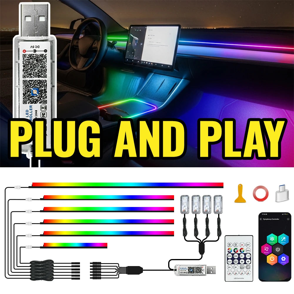 RGB Interior Car Lights – Wireless APP Control, 6-in-1 EL Wire Ambient Lighting Kit for Cars/Trucks (Multicolor, Waterproof)