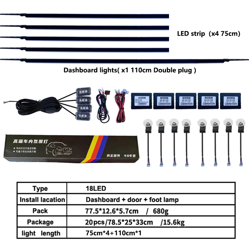 18 In 1 LED Car Ambient Lights Interior LED Acrylic Strip Light RGB 64 Color Light Guide Fiber Optic Decoration Atmosphere Lamp