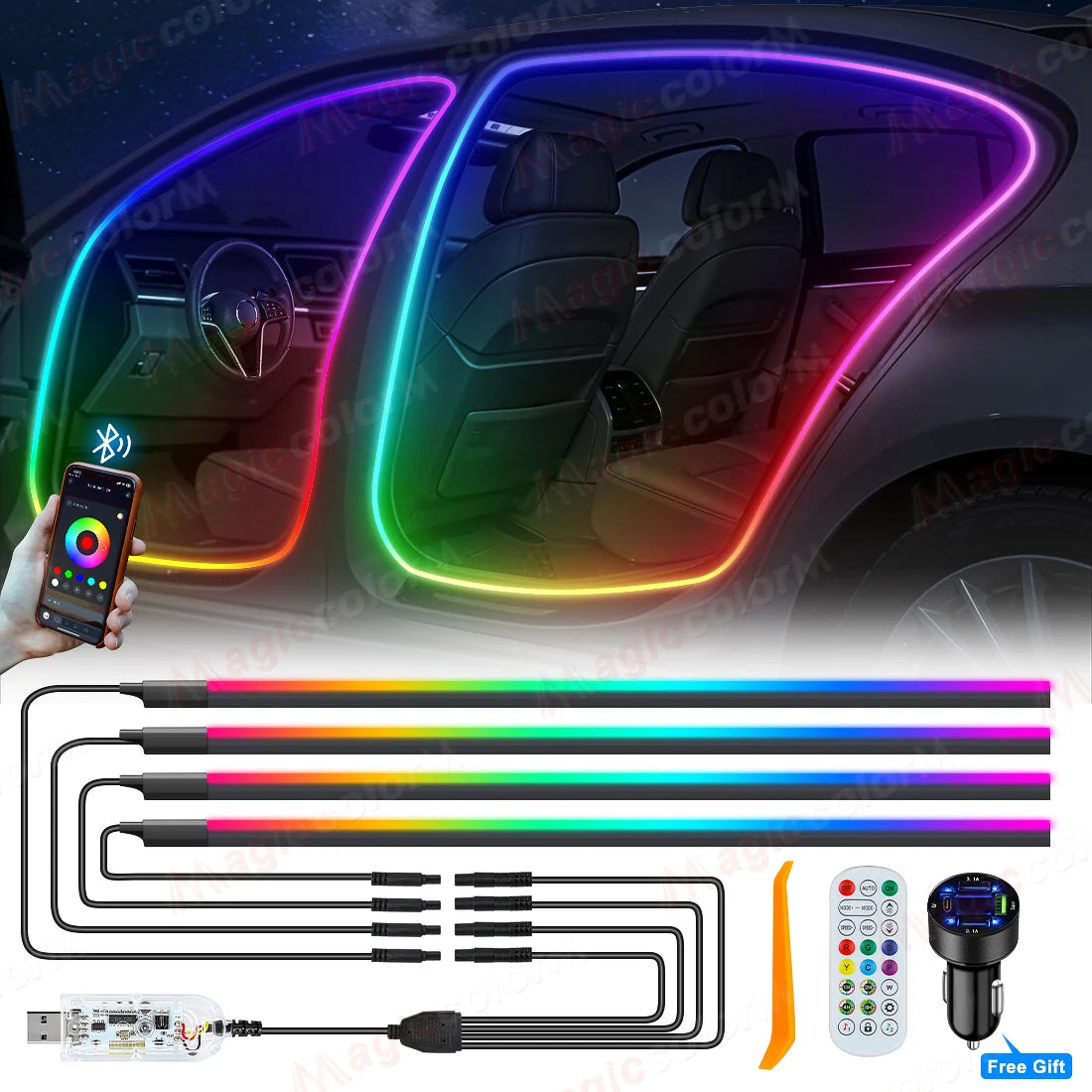 4in1 2in1 Symphony Car Door Frame Ambient Lights Universal RGB 3M 4M LED Acrtlic Strip APP Remote Control USB Type C Plug & Play