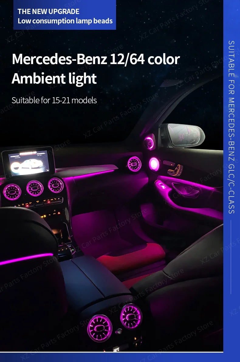 3/64 Colour Car LED Ambient Light for Mercedes-Benz C/GLC Class Coupe W205 C43 C63 X253 LED Door Speaker Cover Vents RetrofitSet