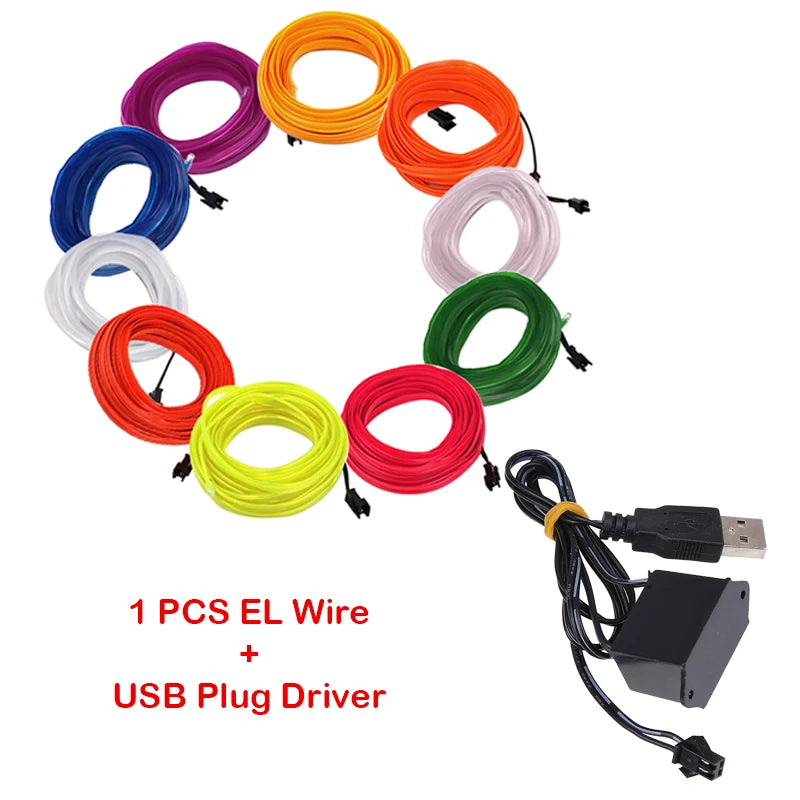 EL Wire String Strip Rope Tube Light Neon Light Glow Flat Edge Car Interior DIY Flexible Ambient Lamp Party Atmosphere Prop USB