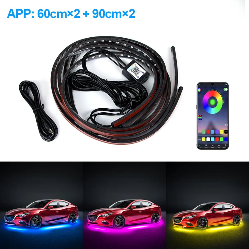 SEAMETAL 4Pcs Car Underglow Neon Accent Strip RGB Colored Decorative Light Sound Active Underbody Atmosphere Lamp APP Control