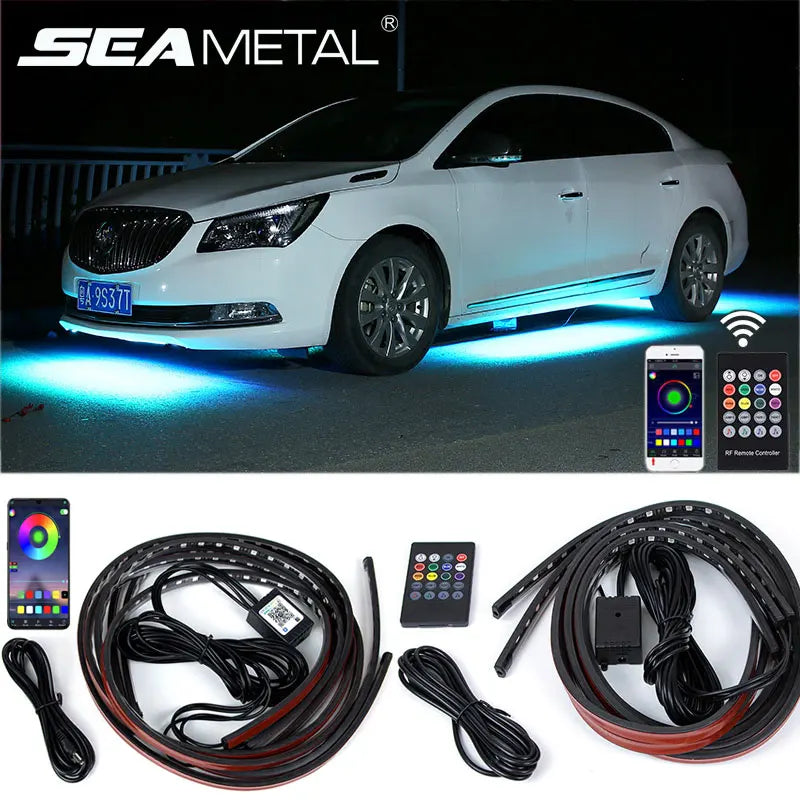 SEAMETAL 4Pcs Car Underglow Neon Accent Strip RGB Colored Decorative Light Sound Active Underbody Atmosphere Lamp APP Control