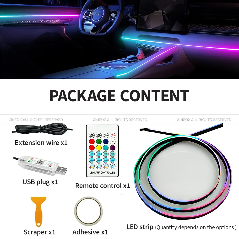 140cm USB Dreamcolor Acrylic Interior Car LED Strip Light with Wireless APP , 55’‘RGB Music Fiber Optic Car Ambient Lighting Kit