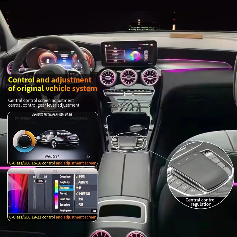 3/64 Color For Mercedes-Benz C/GLC class W205 X253 LHD Co-pilot Led Neon Ambient Light Passenger Atmosphere Lamp Dashboard 15-21