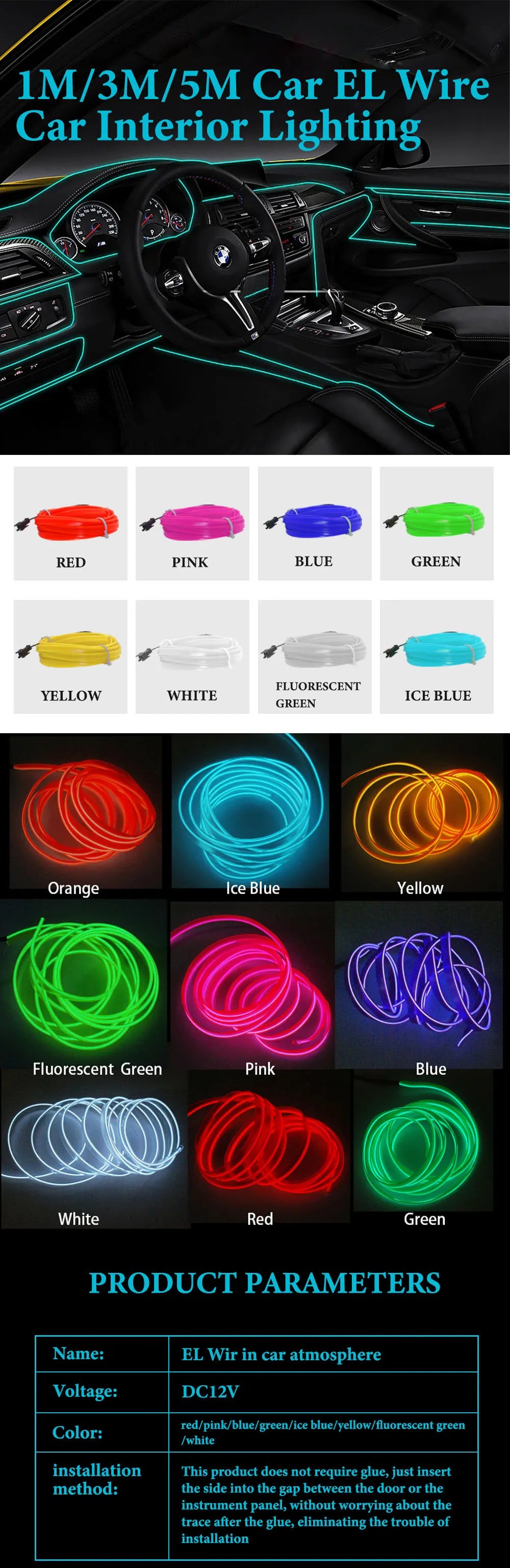 1/2/3/5m led Interior ambient lighting Cold light Car Interior Decorative light strip Car Atmosphere light Interior accessories