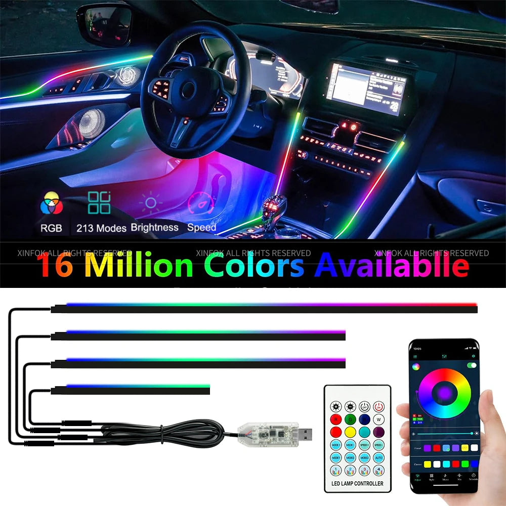 140cm USB Dreamcolor Acrylic Interior Car LED Strip Light with Wireless APP , 55’‘RGB Music Fiber Optic Car Ambient Lighting Kit