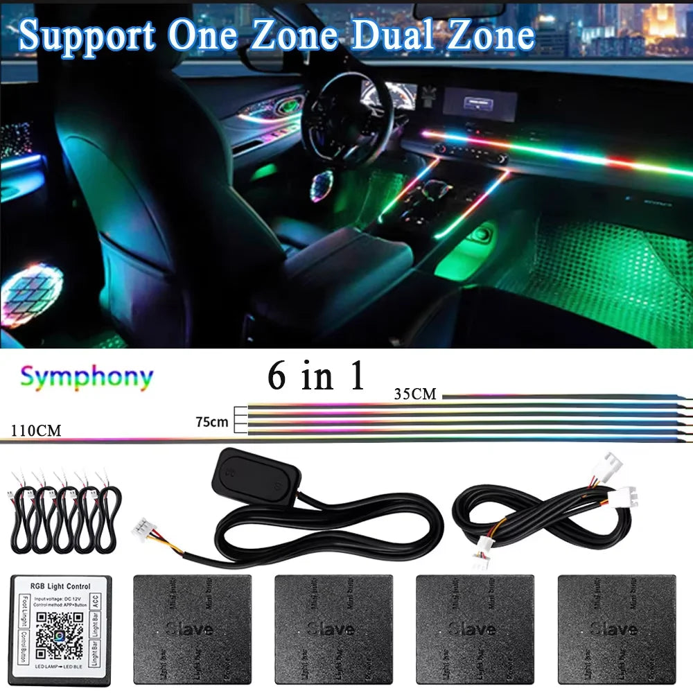 18 in 1 Dual Zone Symphony 64 Colors Streamer Car Ambient Light RGB Interior Rainbow Acrylic Strip Atmosphere Lighting kit App