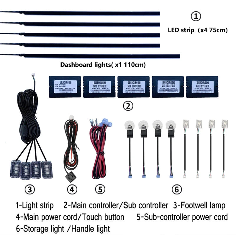 18 In 1 LED Car Ambient Lights Interior LED Acrylic Strip Light RGB 64 Color Light Guide Fiber Optic Decoration Atmosphere Lamp