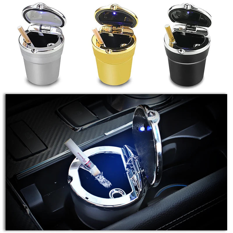 Car Cigarette Ashtray Cup With LED Light Alloy Ash Tray Aluminum Cup Smokeless Portable Detachable Vehicle Ashtray Holder