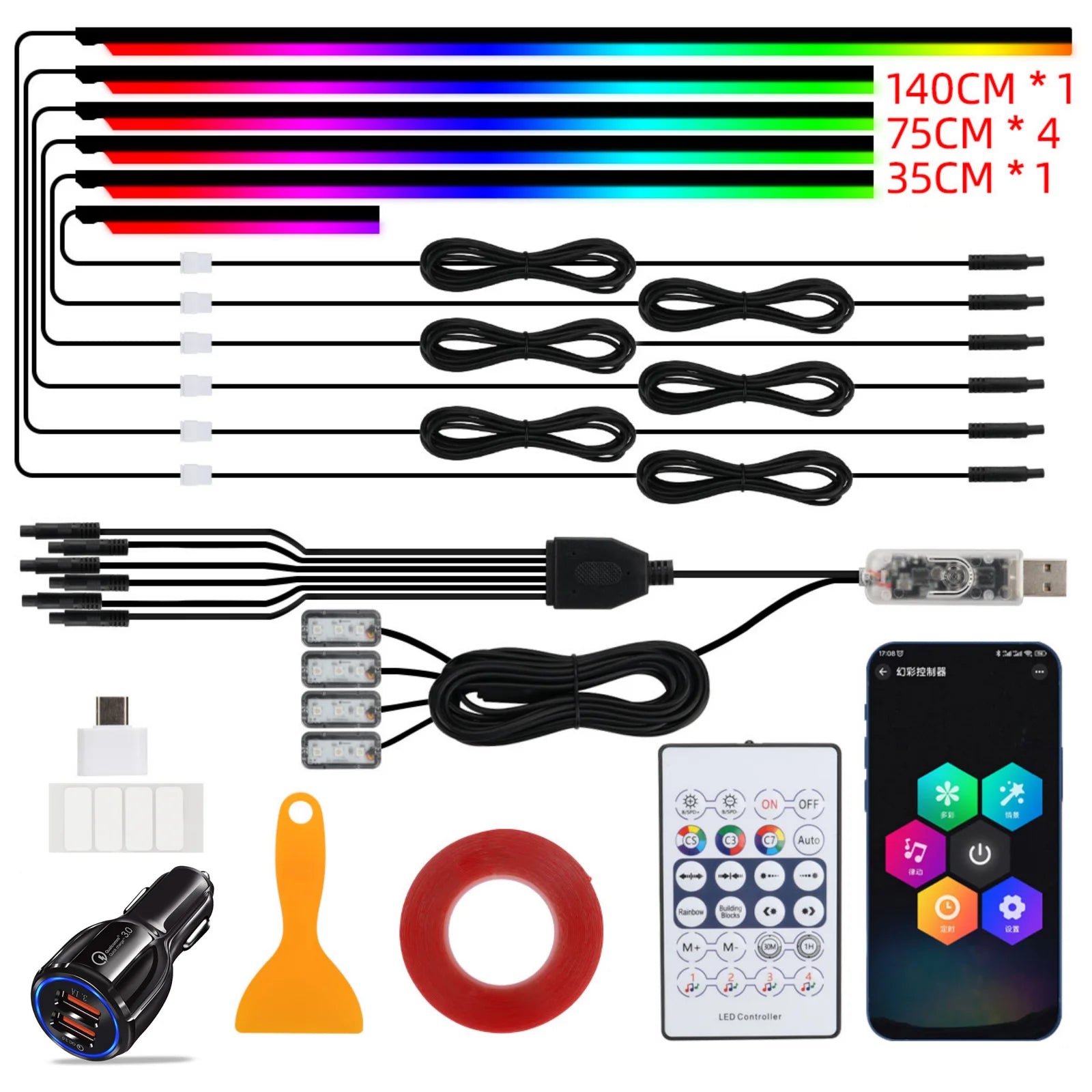 KEVANLY Car Ambient Lights 10 in 1 Footwell Universal RGB Atmosphere Lamps USB APP Remote Cigar Lighter for Tesla Model 3 Y S X