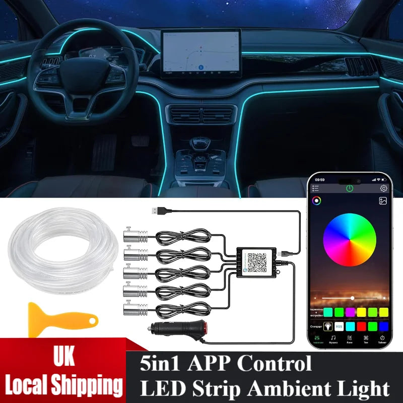Interior Car LED Strip Lights with APP Control RGB 5 in 1 Ambient Lighting Kits Colorful Auto Atmosphere Decorative LED Lamps