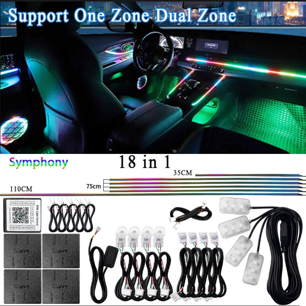 14/18 in 1 Led Acrylic Car Ambient Light RGB 64 213 Color Symphony Acrylic APP Streamer Atmosphere Lamp Kit One Zone Dual Zone