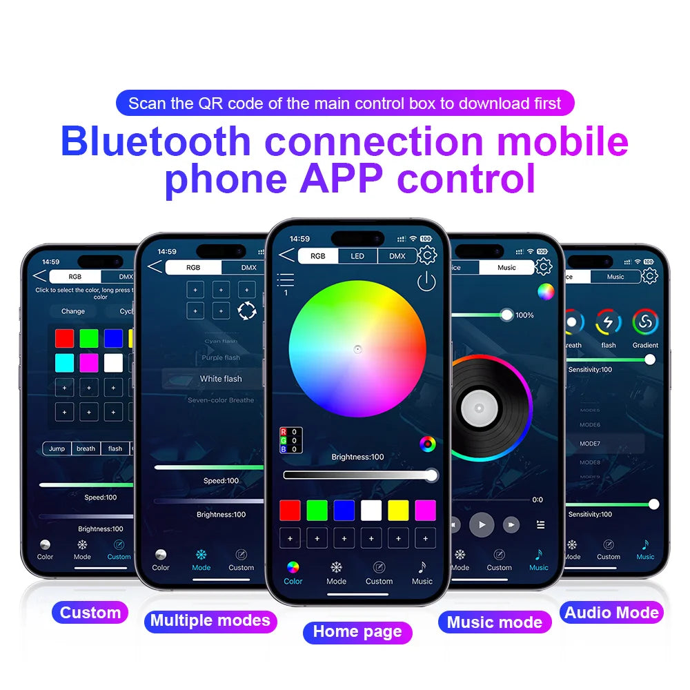 18 in 1 Dual Zone Symphony 64 Colors Streamer Car Ambient Light RGB Interior Rainbow Acrylic Strip Atmosphere Lighting kit App
