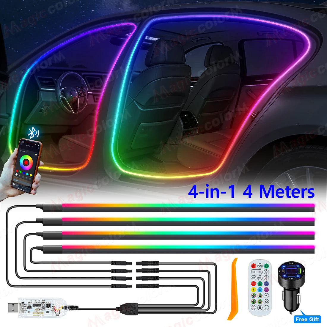4in1 2in1 Symphony Car Door Frame Ambient Lights Universal RGB 3M 4M LED Acrtlic Strip APP Remote Control USB Type C Plug & Play