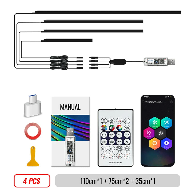 RGB Interior Car Lights – Wireless APP Control, 6-in-1 EL Wire Ambient Lighting Kit for Cars/Trucks (Multicolor, Waterproof)