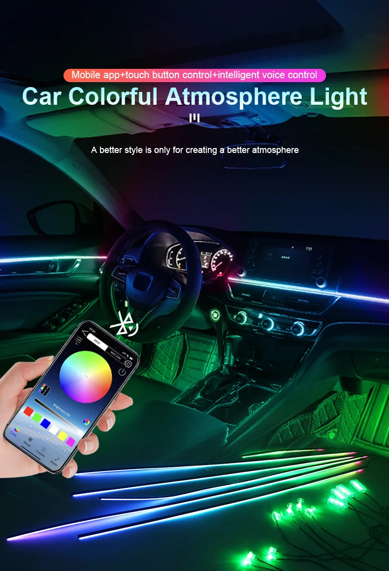 18/22 in 1 Acrylic Led Car Ambient Light RGB 213 64 Color Bluetooth Rainbow Strip Streamer Interior Symphony Atmosphere Lamp 12V