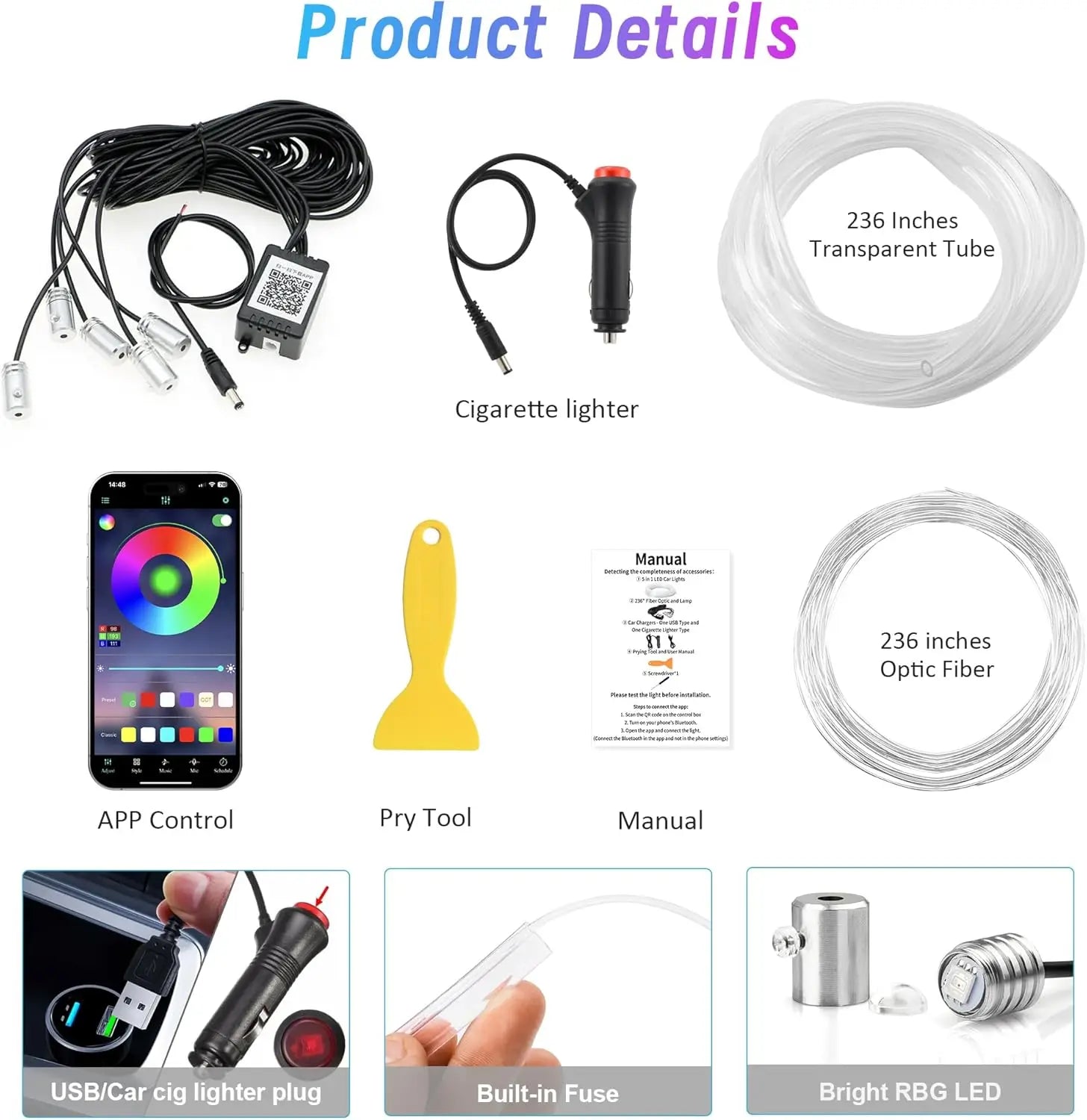 Interior Car LED Strip Lights with APP Control RGB 5 in 1 Ambient Lighting Kits Colorful Auto Atmosphere Decorative LED Lamps