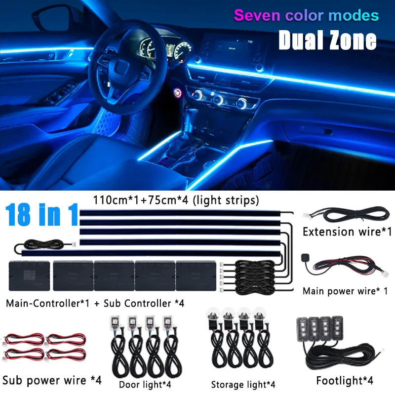 18/22 in 1 Car Hidden Ambient Light Neon Symphony RGB Rainbow Backlight Smoke Matt Black Acrylic Ambient Matt Lamp 12V Dual Zone