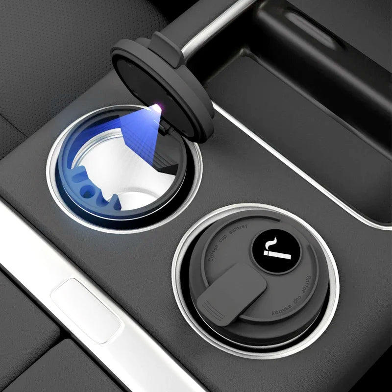 New Car Ashtray Creative Coffee Cup Style Car Ashtray with Lid 7 Color LED Light Metal Lining & ABS Shell Garbage Storage Cup