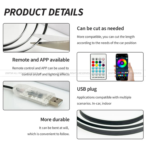 140cm USB Dreamcolor Acrylic Interior Car LED Strip Light with Wireless APP , 55’‘RGB Music Fiber Optic Car Ambient Lighting Kit