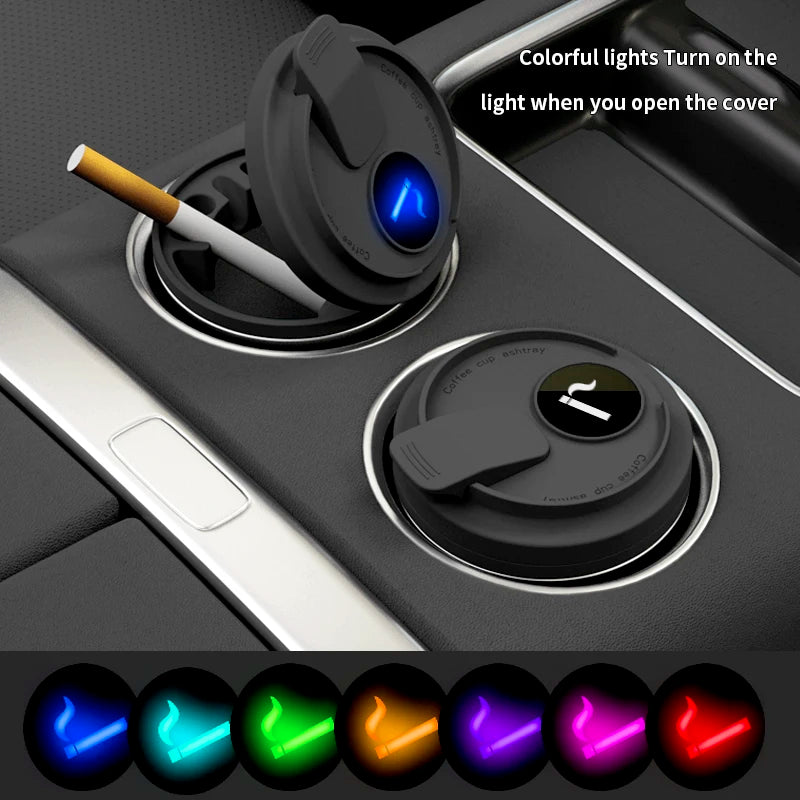 New Car Ashtray Creative Coffee Cup Style Car Ashtray with Lid 7 Color LED Light Metal Lining & ABS Shell Garbage Storage Cup