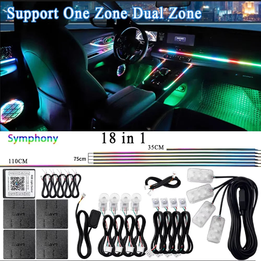 18 in 1 Dual Zone Symphony 64 Colors Streamer Car Ambient Light RGB Interior Rainbow Acrylic Strip Atmosphere Lighting kit App