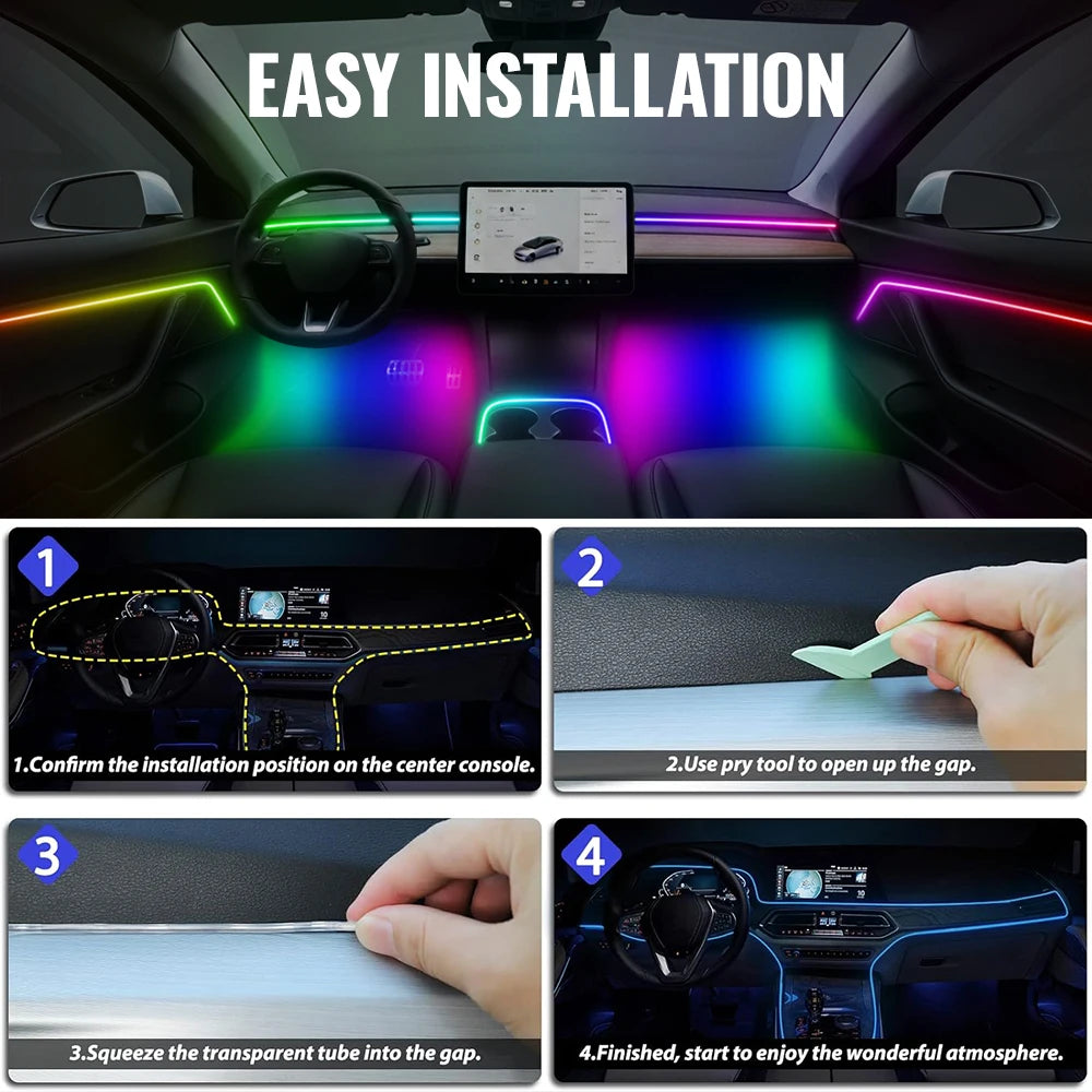 RGB Interior Car Lights – Wireless APP Control, 6-in-1 EL Wire Ambient Lighting Kit for Cars/Trucks (Multicolor, Waterproof)