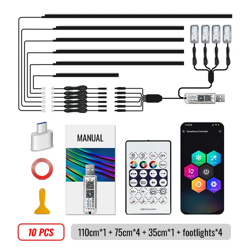 RGB Interior Car Lights – Wireless APP Control, 6-in-1 EL Wire Ambient Lighting Kit for Cars/Trucks (Multicolor, Waterproof)