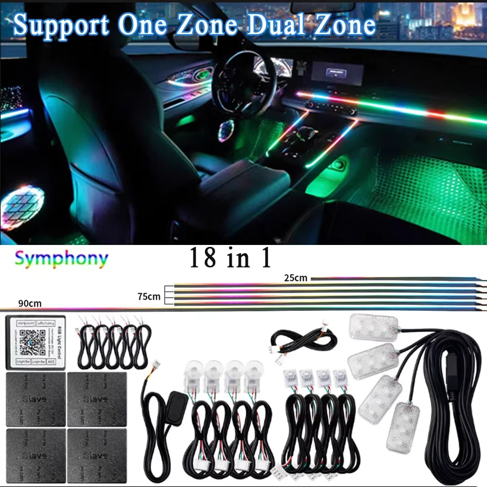 18 in 1 Dual Zone Symphony 64 Colors Streamer Car Ambient Light RGB Interior Rainbow Acrylic Strip Atmosphere Lighting kit App