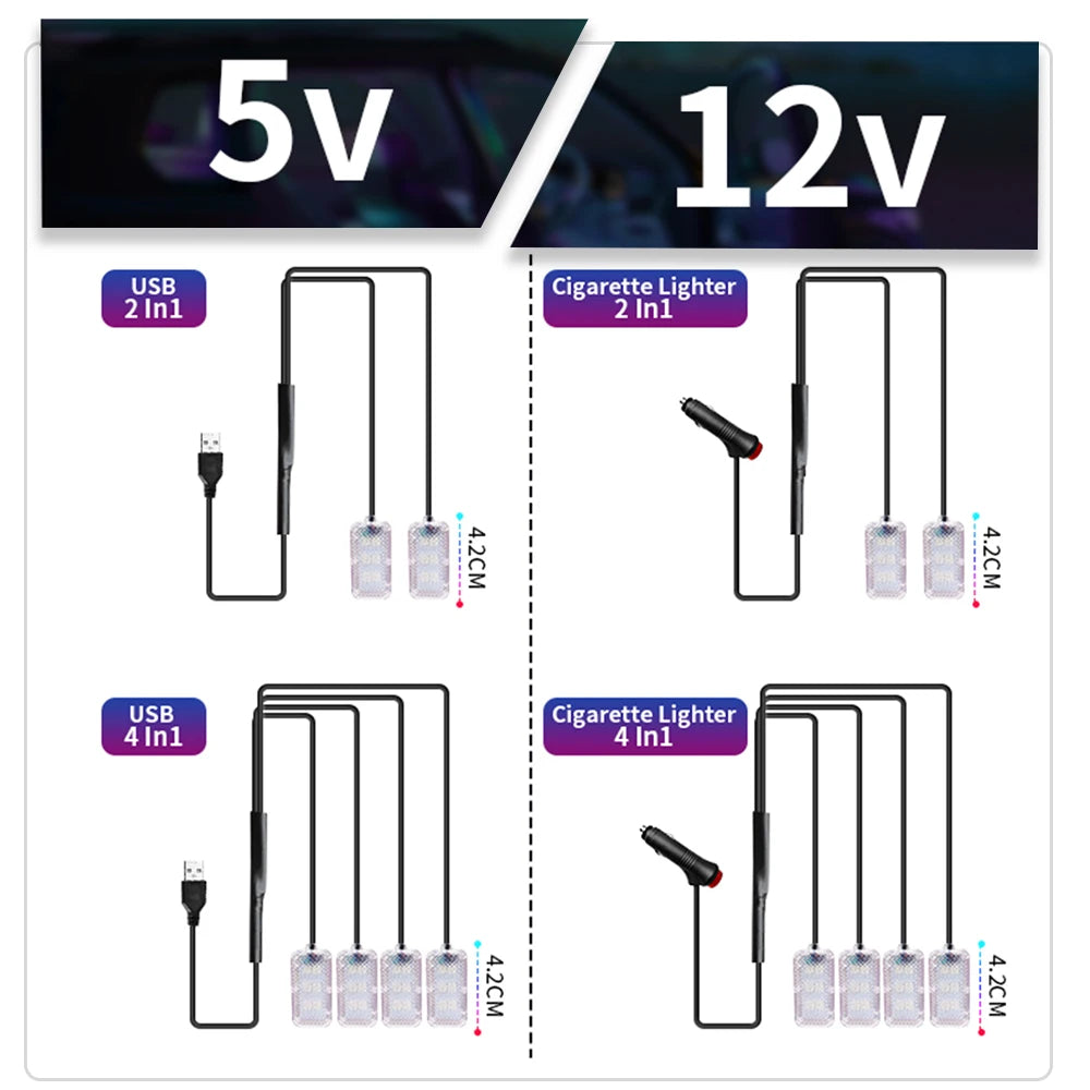 Led Car Foot Ambient Strip Light With USB Cigarette Auto Interior Ambient Decorative Lamps 12V Car Accessories