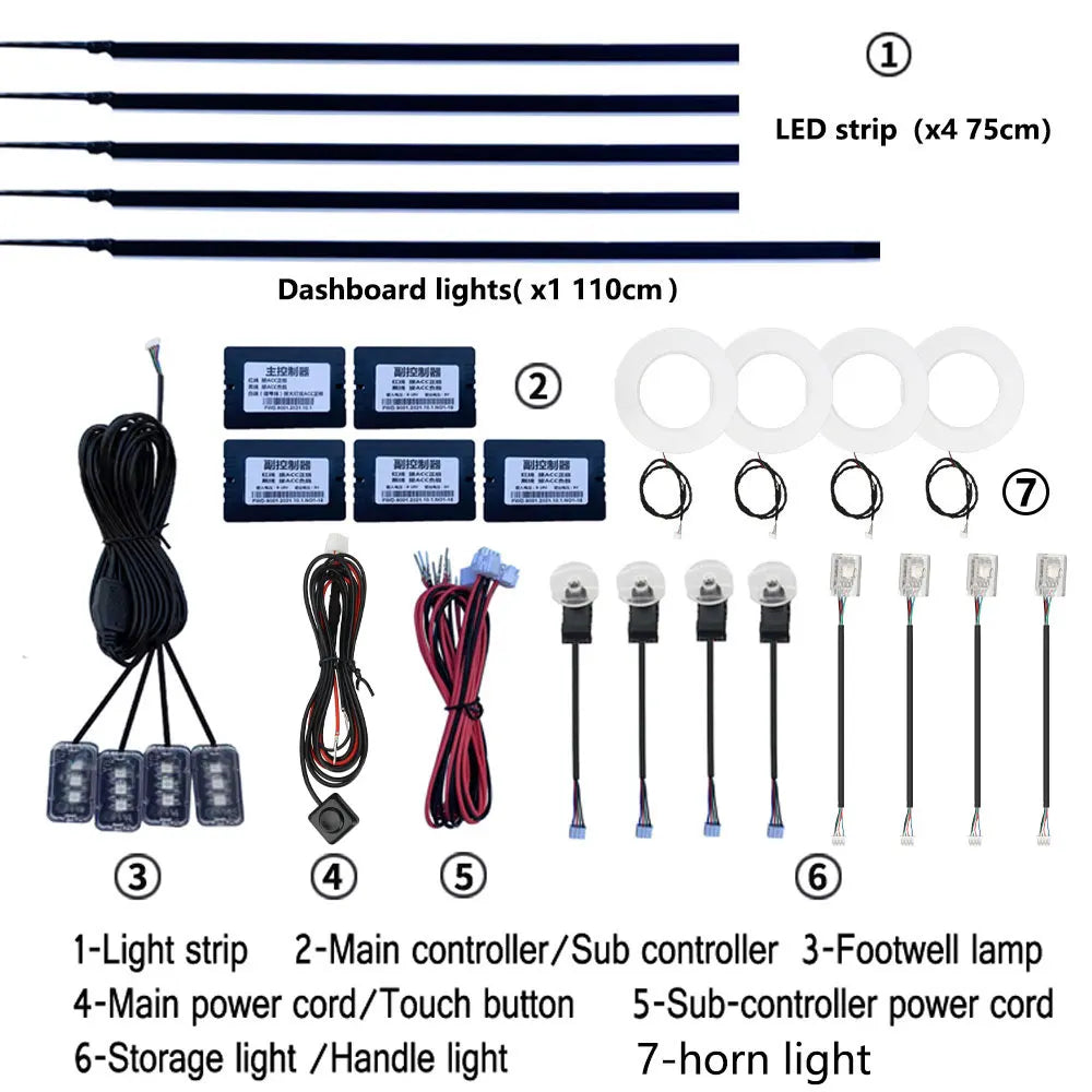 18 In 1 LED Car Ambient Lights Interior LED Acrylic Strip Light RGB 64 Color Light Guide Fiber Optic Decoration Atmosphere Lamp