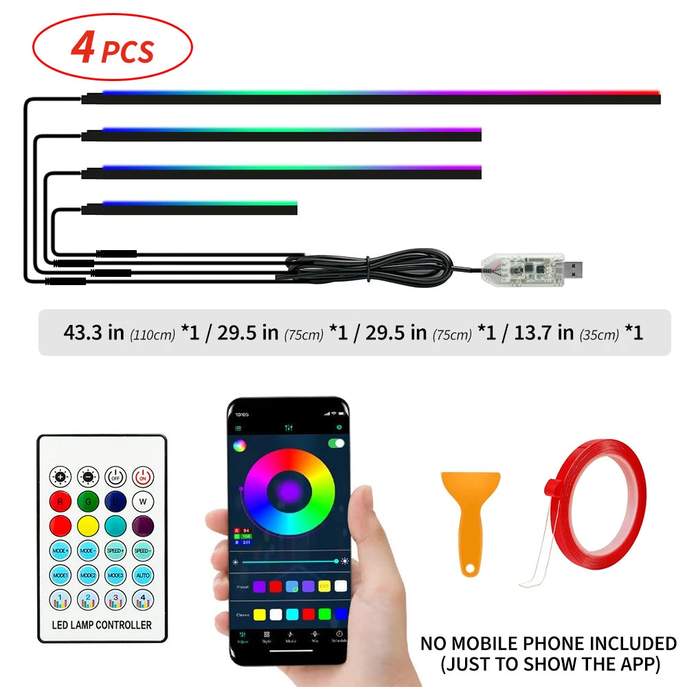 140cm USB Dreamcolor Acrylic Interior Car LED Strip Light with Wireless APP , 55’‘RGB Music Fiber Optic Car Ambient Lighting Kit