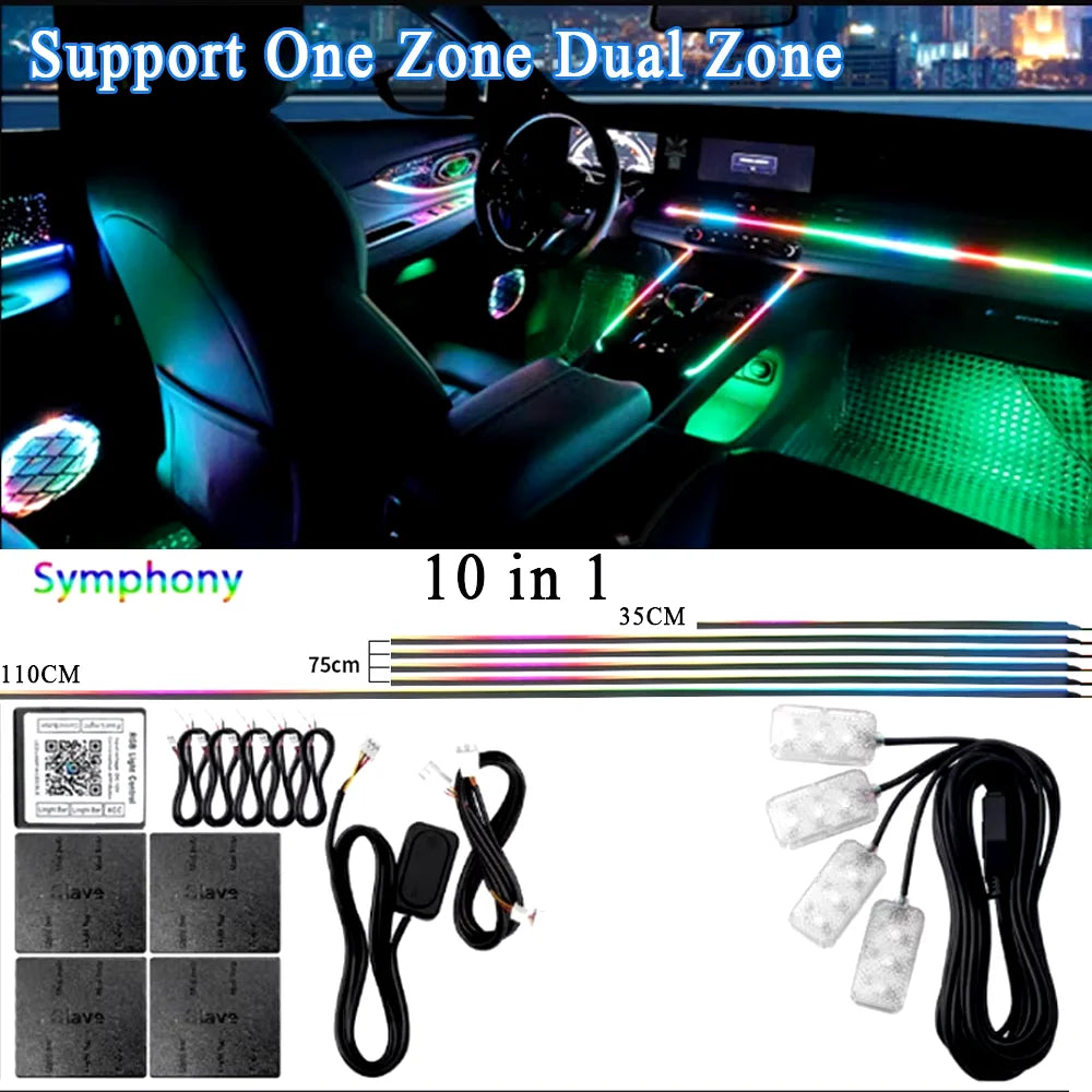 18 in 1 Dual Zone Symphony 64 Colors Streamer Car Ambient Light RGB Interior Rainbow Acrylic Strip Atmosphere Lighting kit App