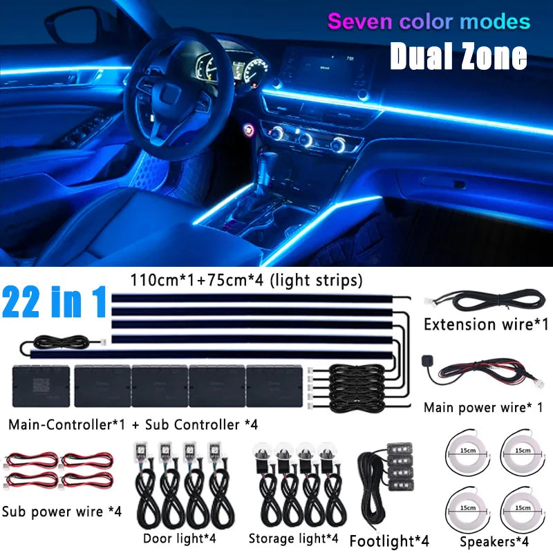 18/22 in 1 Car Hidden Ambient Light Neon Symphony RGB Rainbow Backlight Smoke Matt Black Acrylic Ambient Matt Lamp 12V Dual Zone