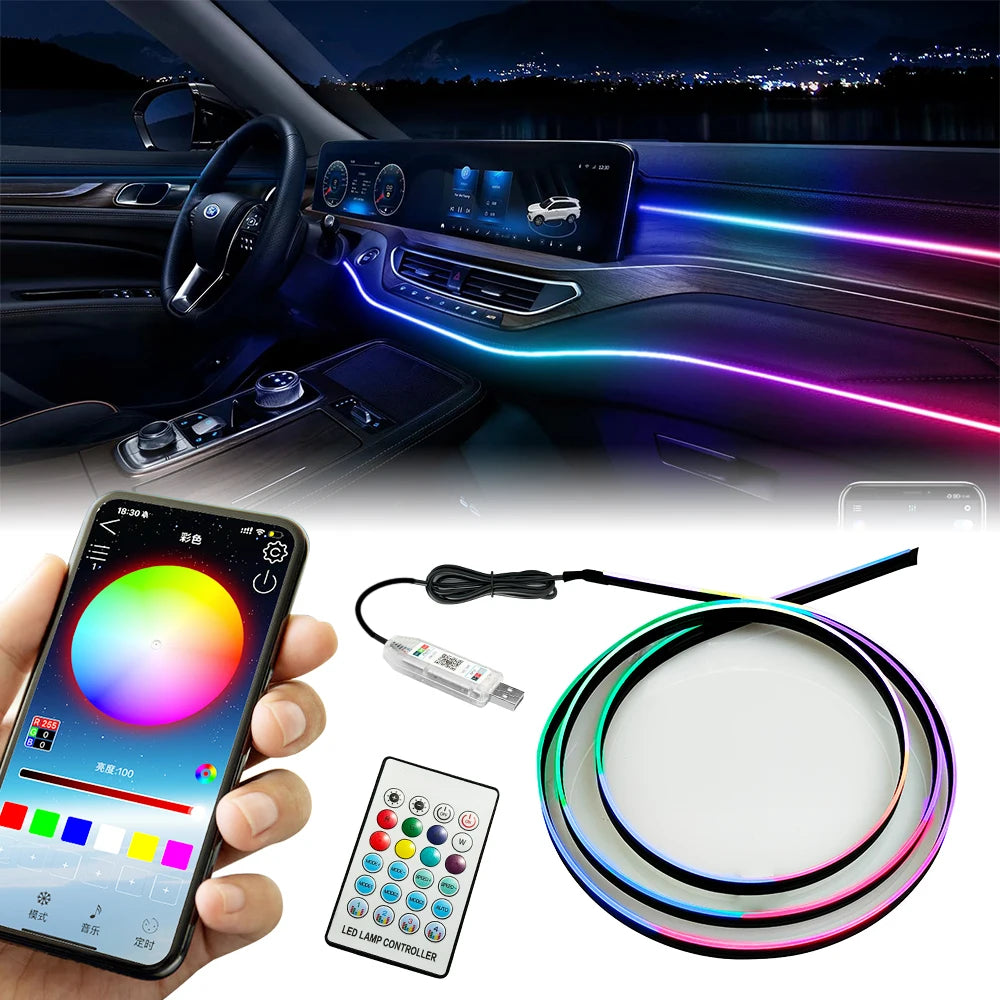 140cm USB Dreamcolor Acrylic Interior Car LED Strip Light with Wireless APP , 55’‘RGB Music Fiber Optic Car Ambient Lighting Kit
